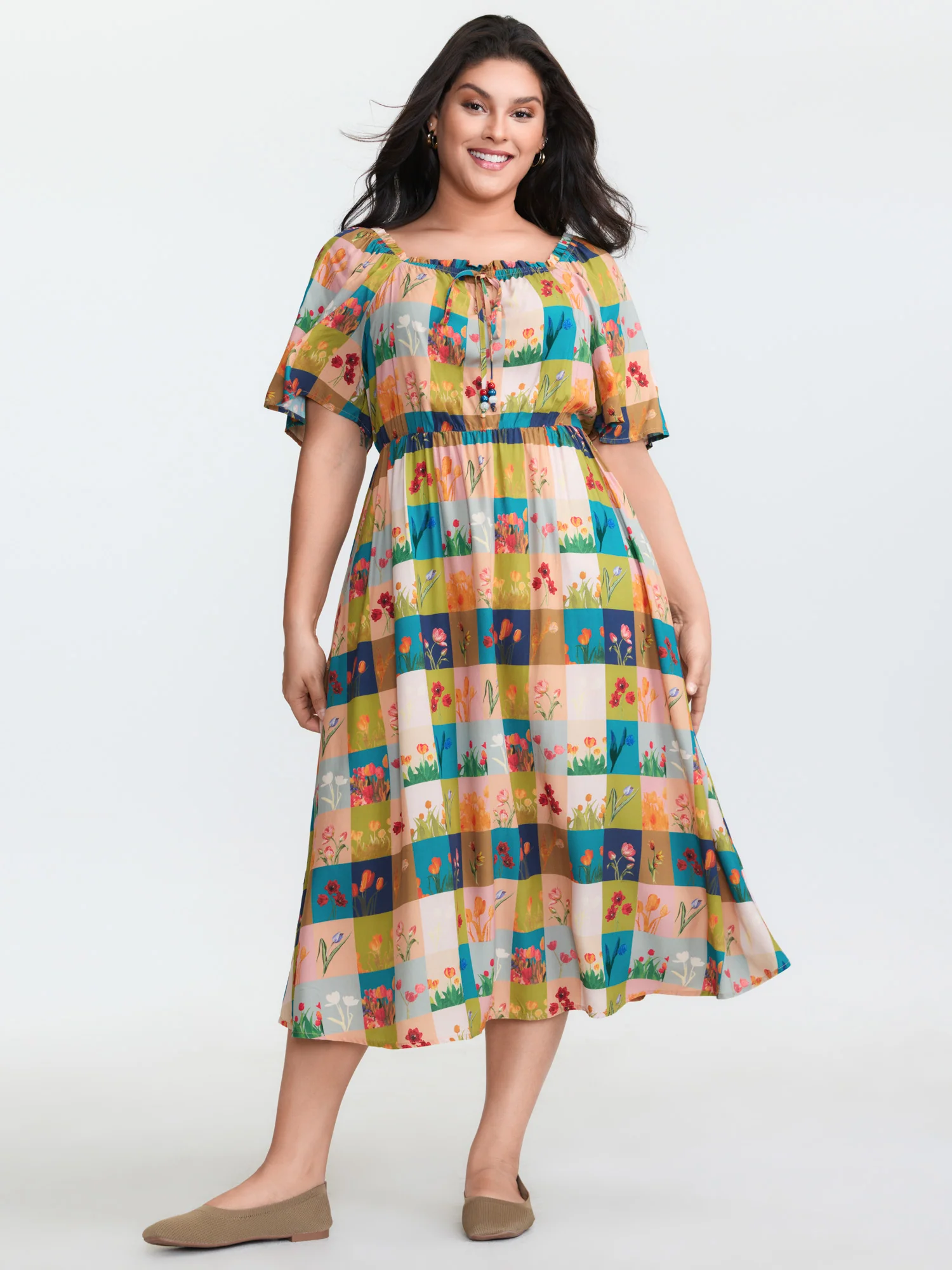 Breezy Garden Collage Stretchy Neckline Midi Dress - Image 3