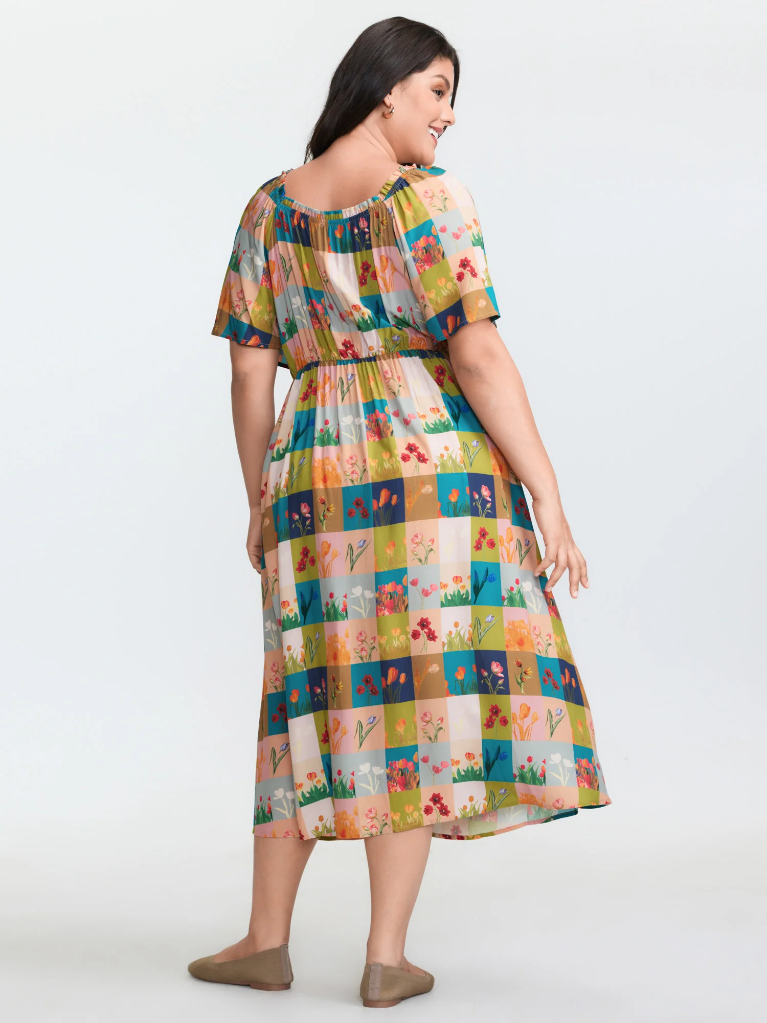 Breezy Garden Collage Stretchy Neckline Midi Dress - Image 4