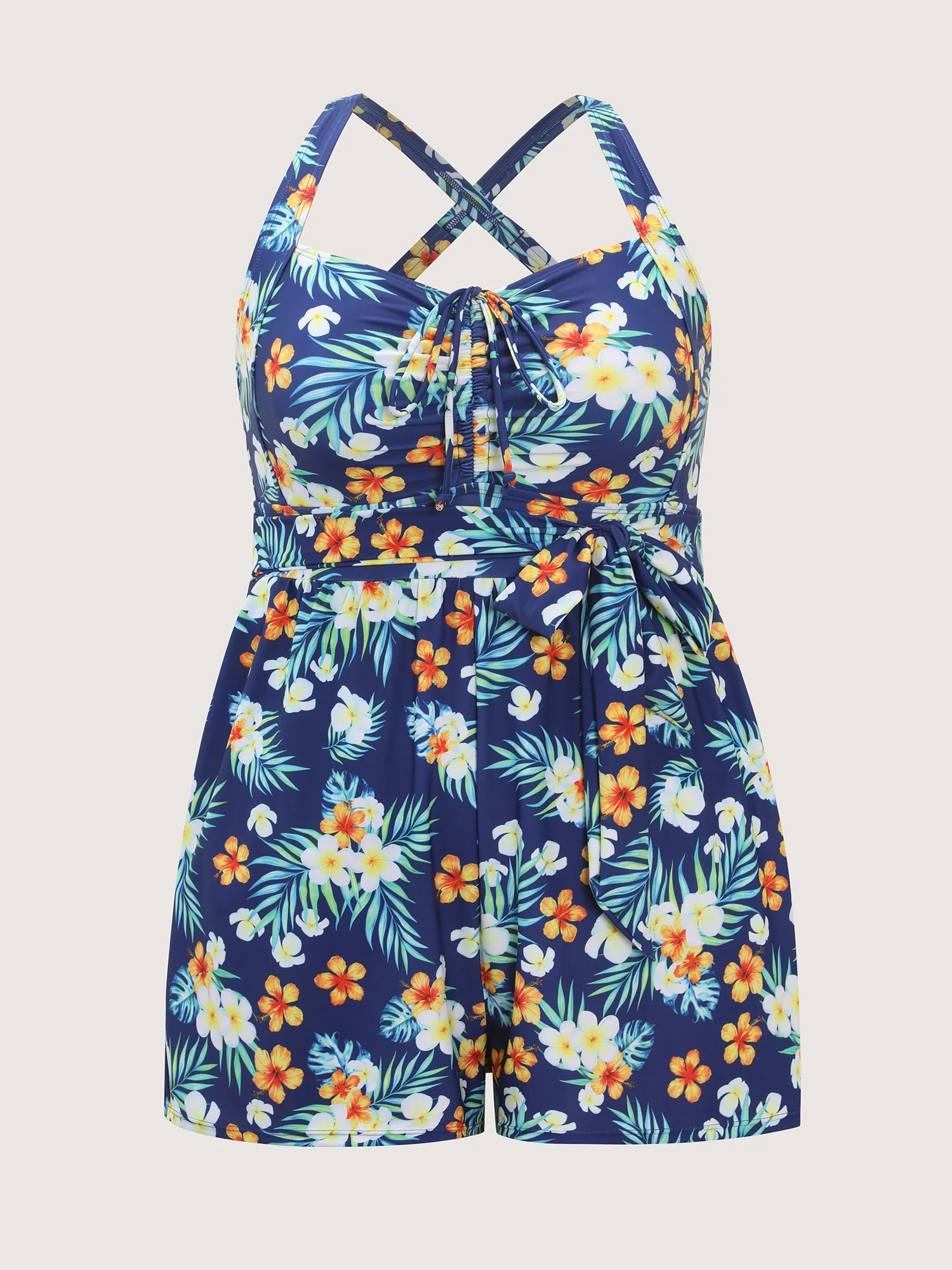 Breezy Tropical Print Drawstring One-Piece Swimsuit - Image 8