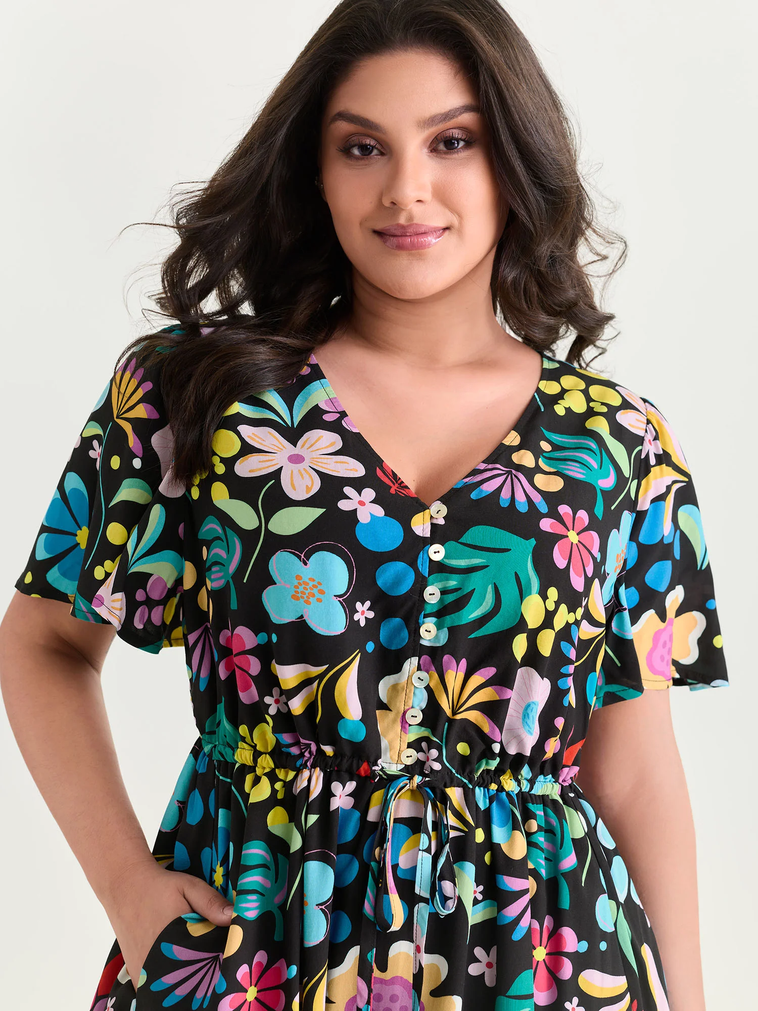 Bright Floral Print Flared Sleeve Midi Dress - Image 2
