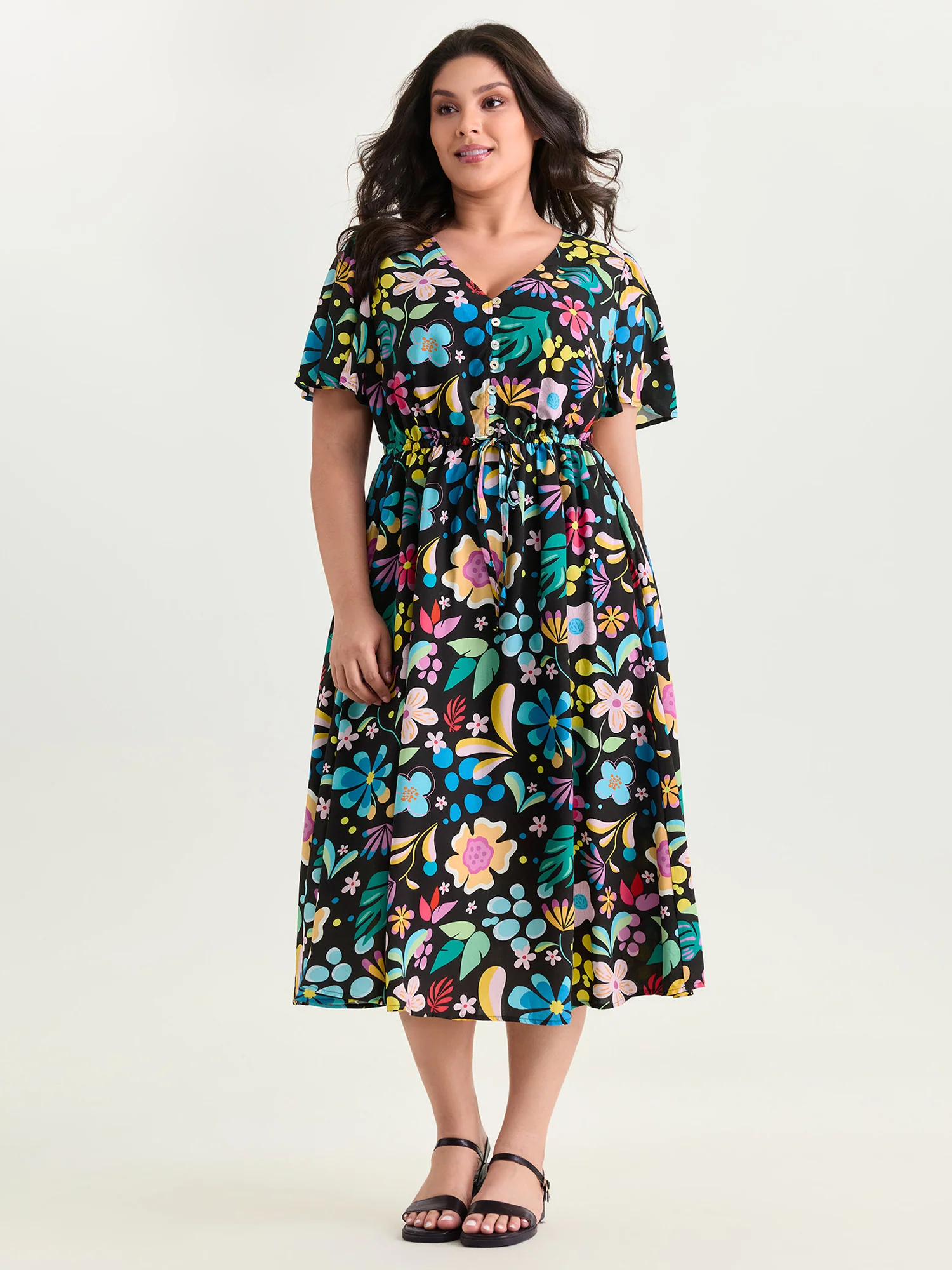 Bright Floral Print Flared Sleeve Midi Dress - Image 3