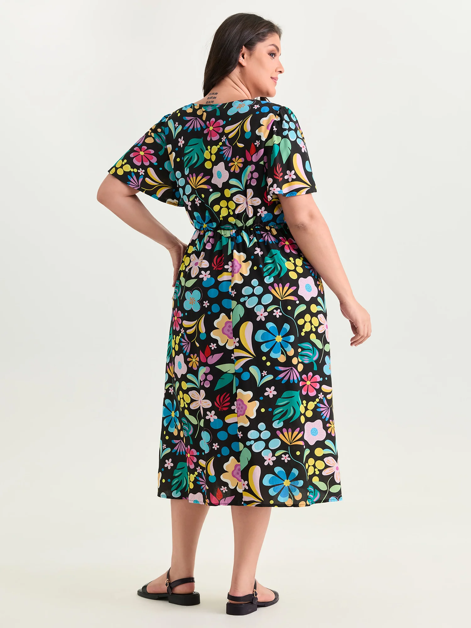 Bright Floral Print Flared Sleeve Midi Dress - Image 4