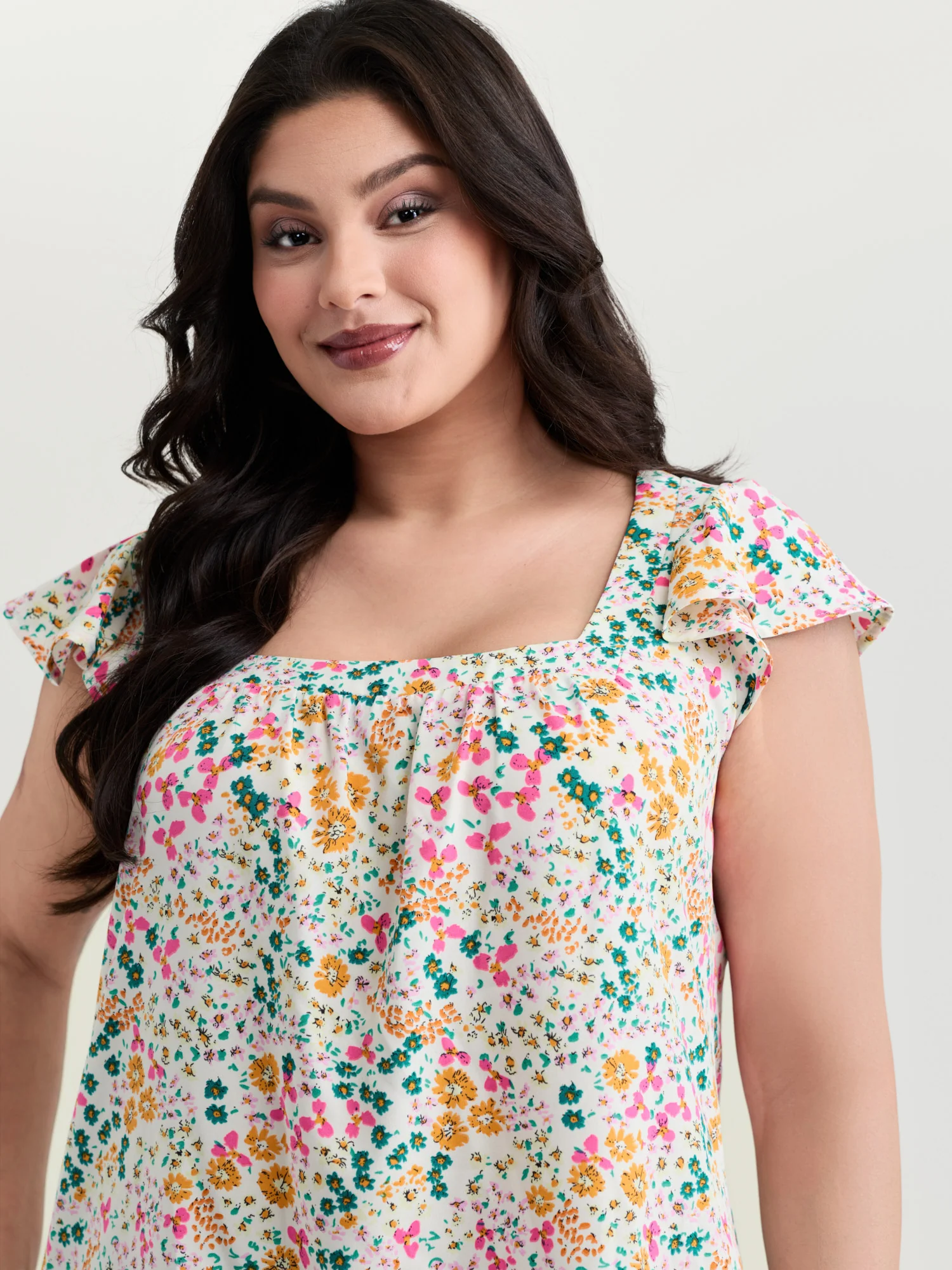 Bright Floral Print Flutter Sleeve Blouse - Image 2