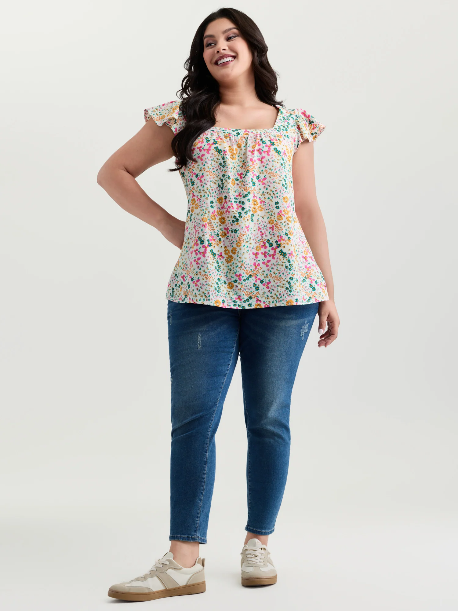 Bright Floral Print Flutter Sleeve Blouse - Image 3