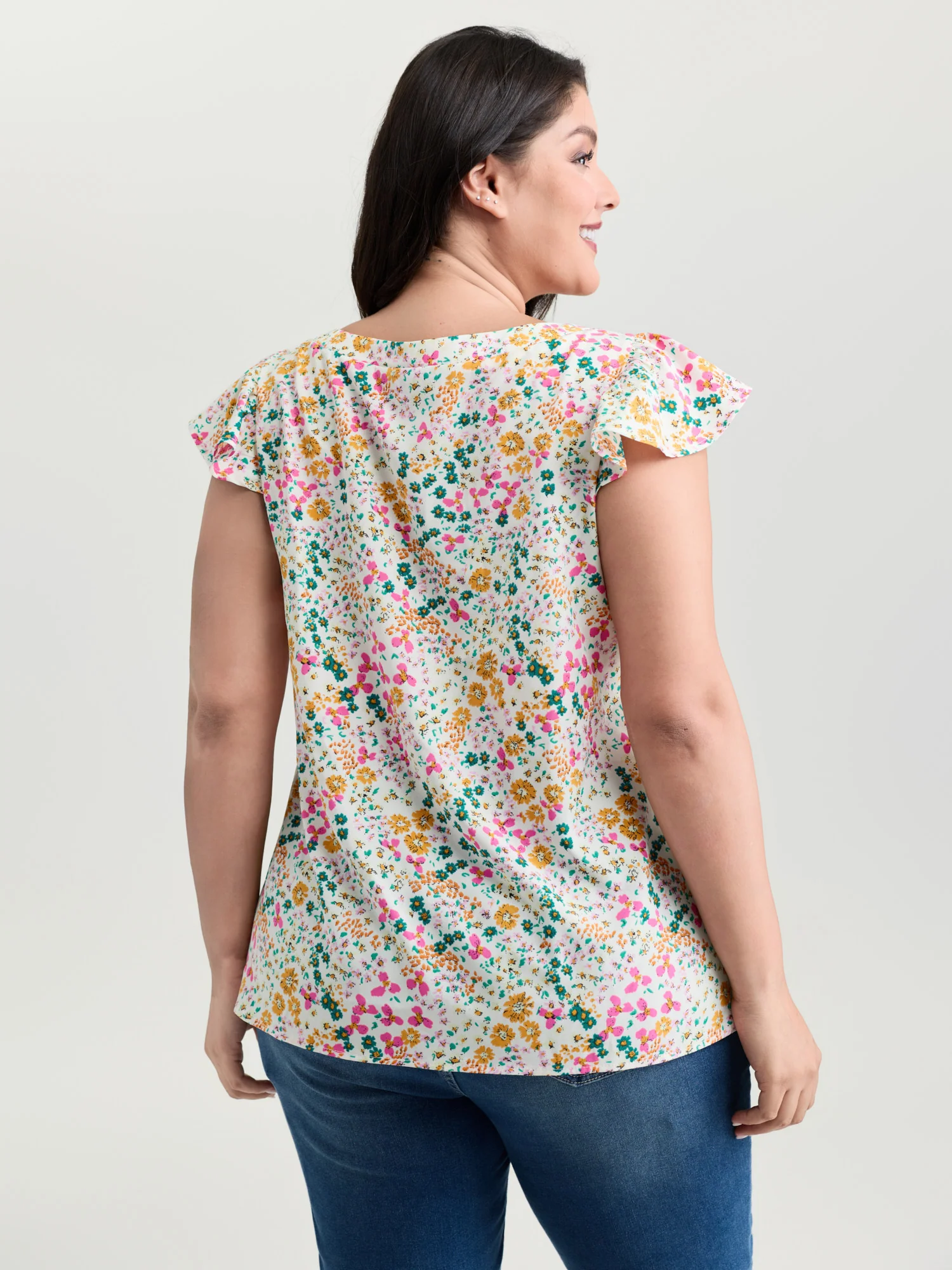 Bright Floral Print Flutter Sleeve Blouse - Image 4