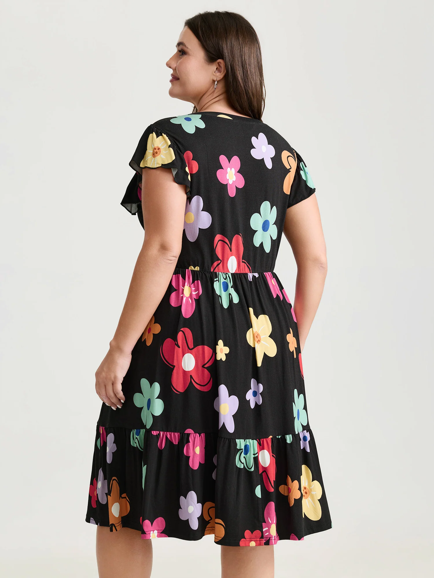 Bright Floral Print Flutter Sleeve Midi Dress - Image 4