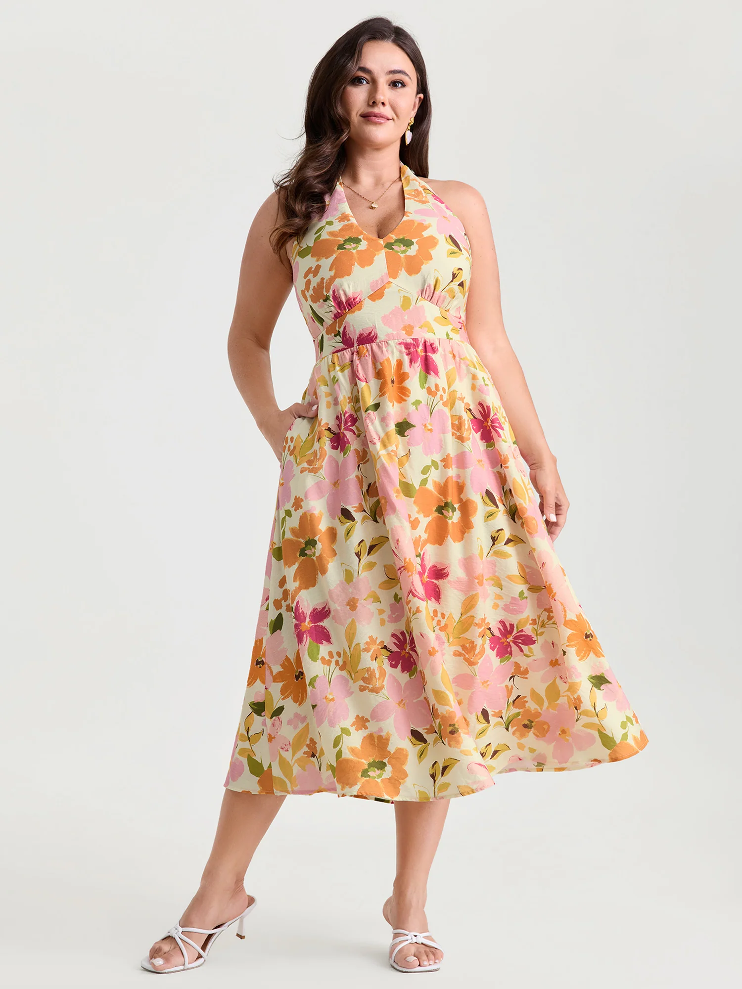 Bright Floral Print Halter Midi Dress - Image 3