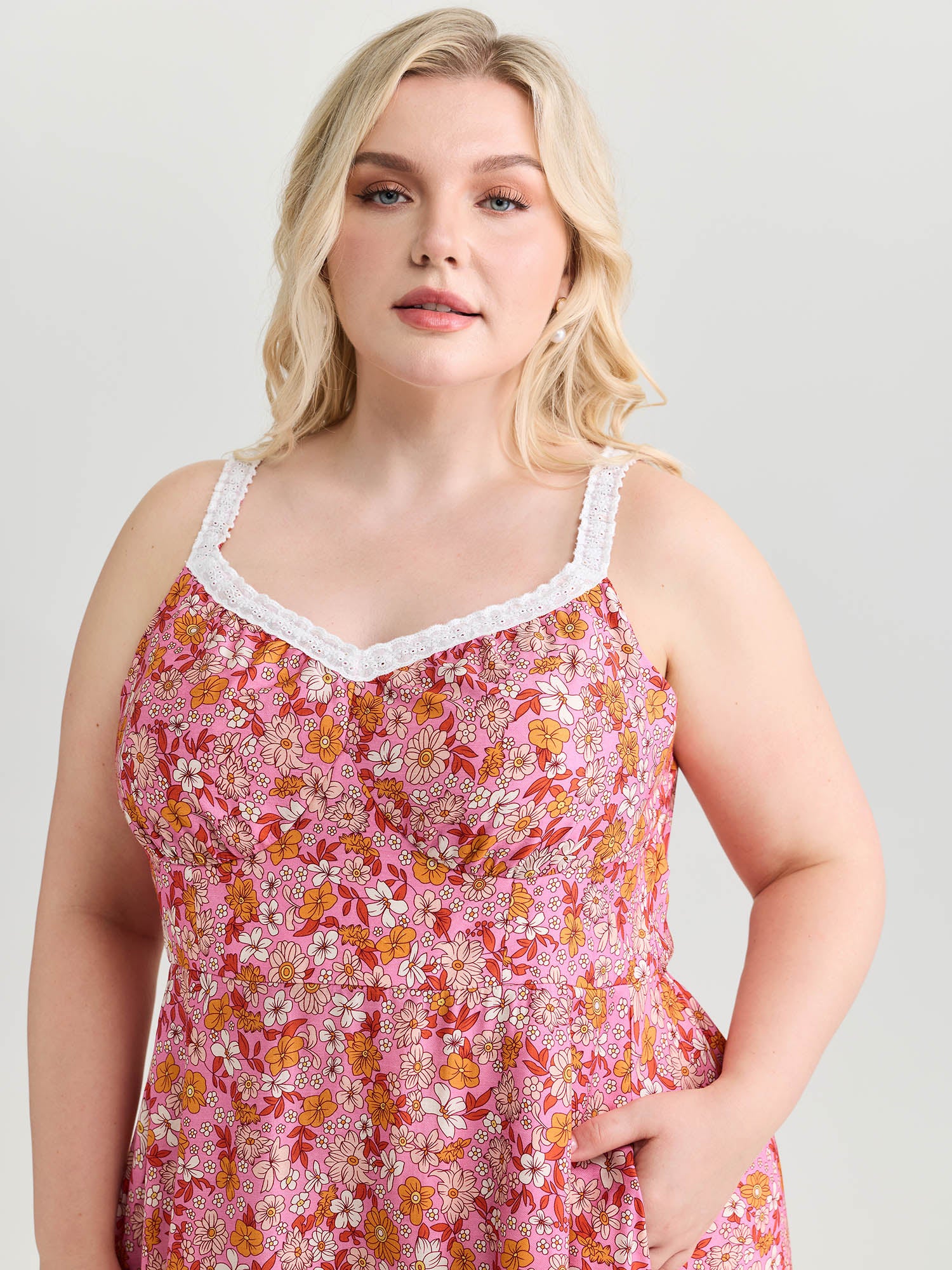 Bright Floral Print Lace Neckline Midi Dress - Image 2