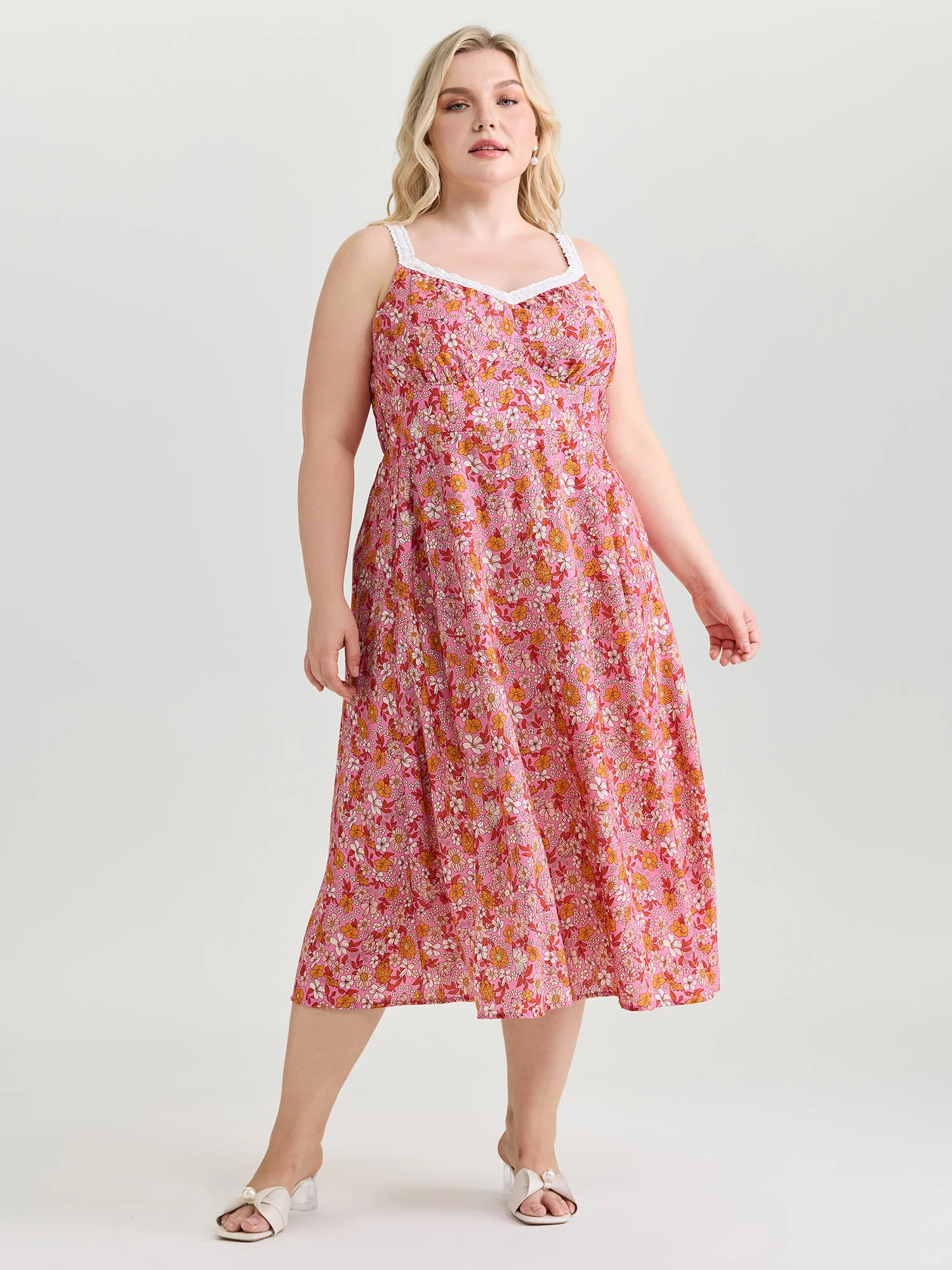 Bright Floral Print Lace Neckline Midi Dress - Image 3