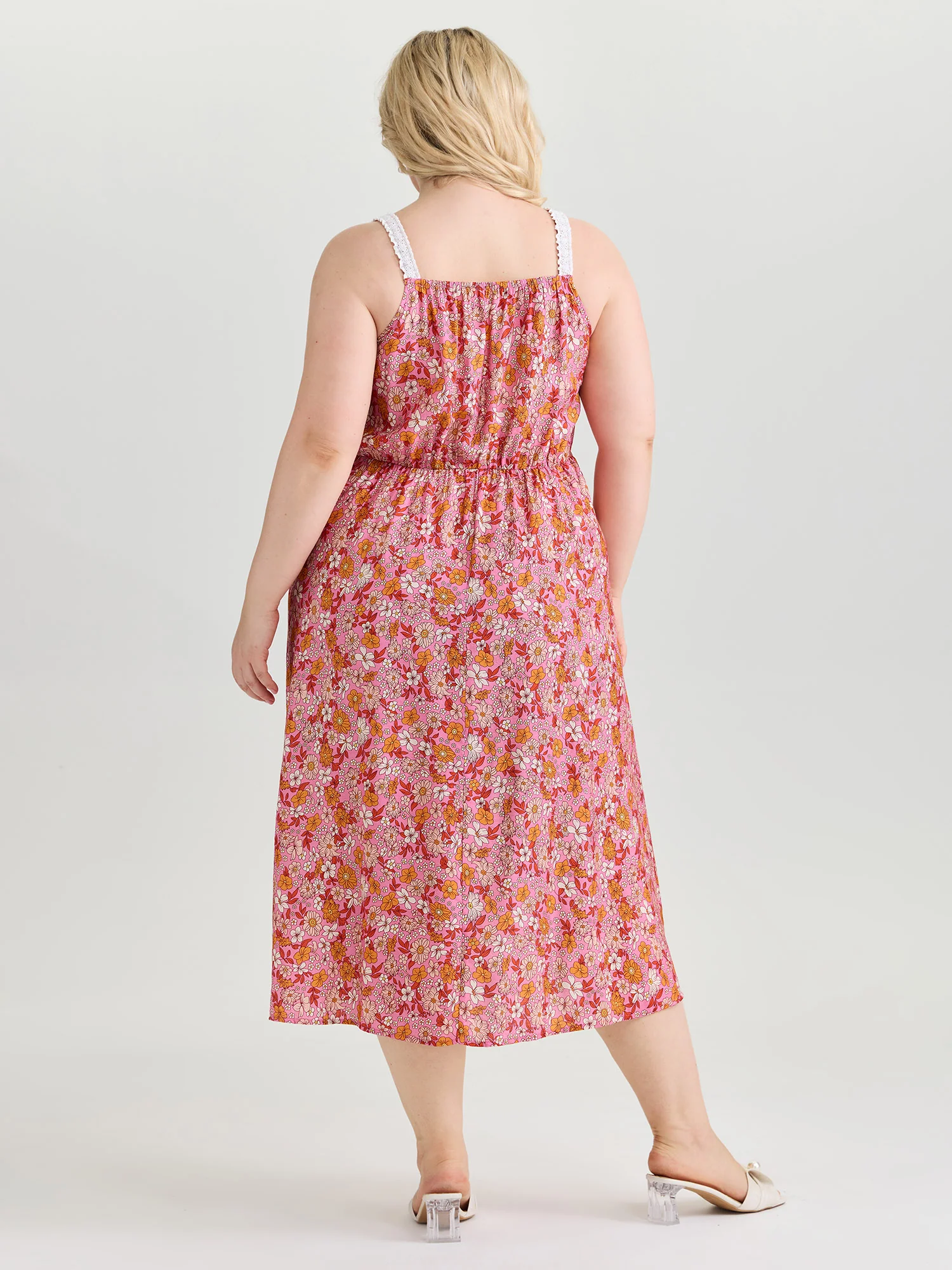 Bright Floral Print Lace Neckline Midi Dress - Image 4