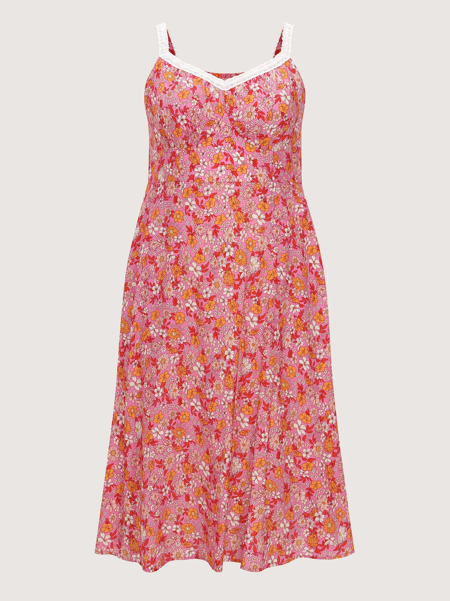 Bright Floral Print Lace Neckline Midi Dress - Image 7