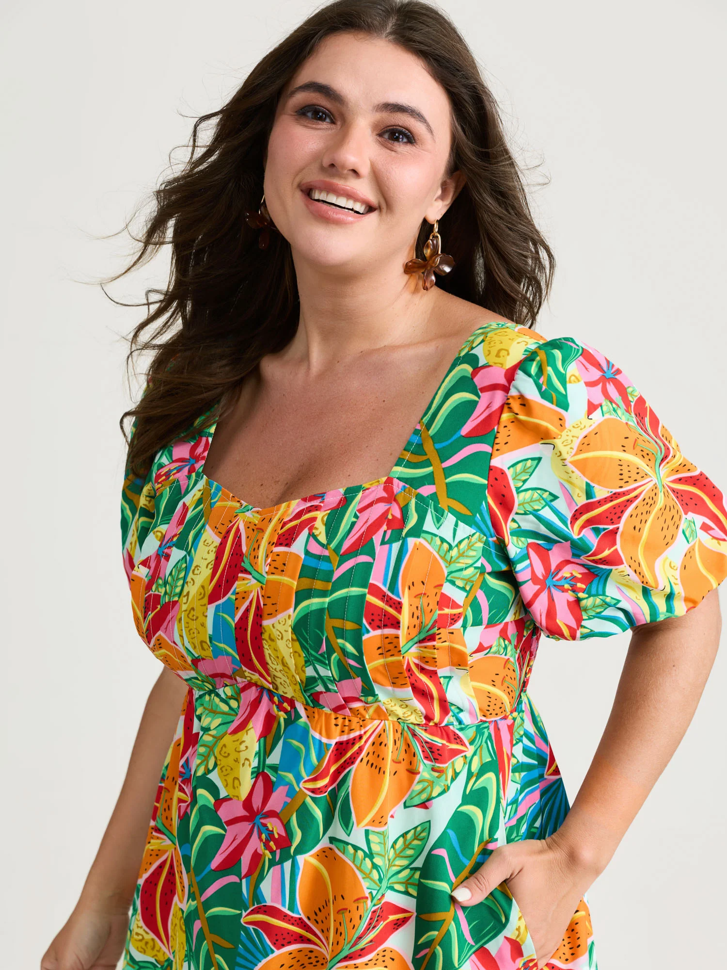 Bright Floral Print Pleated Bodice Midi Dress - Image 2