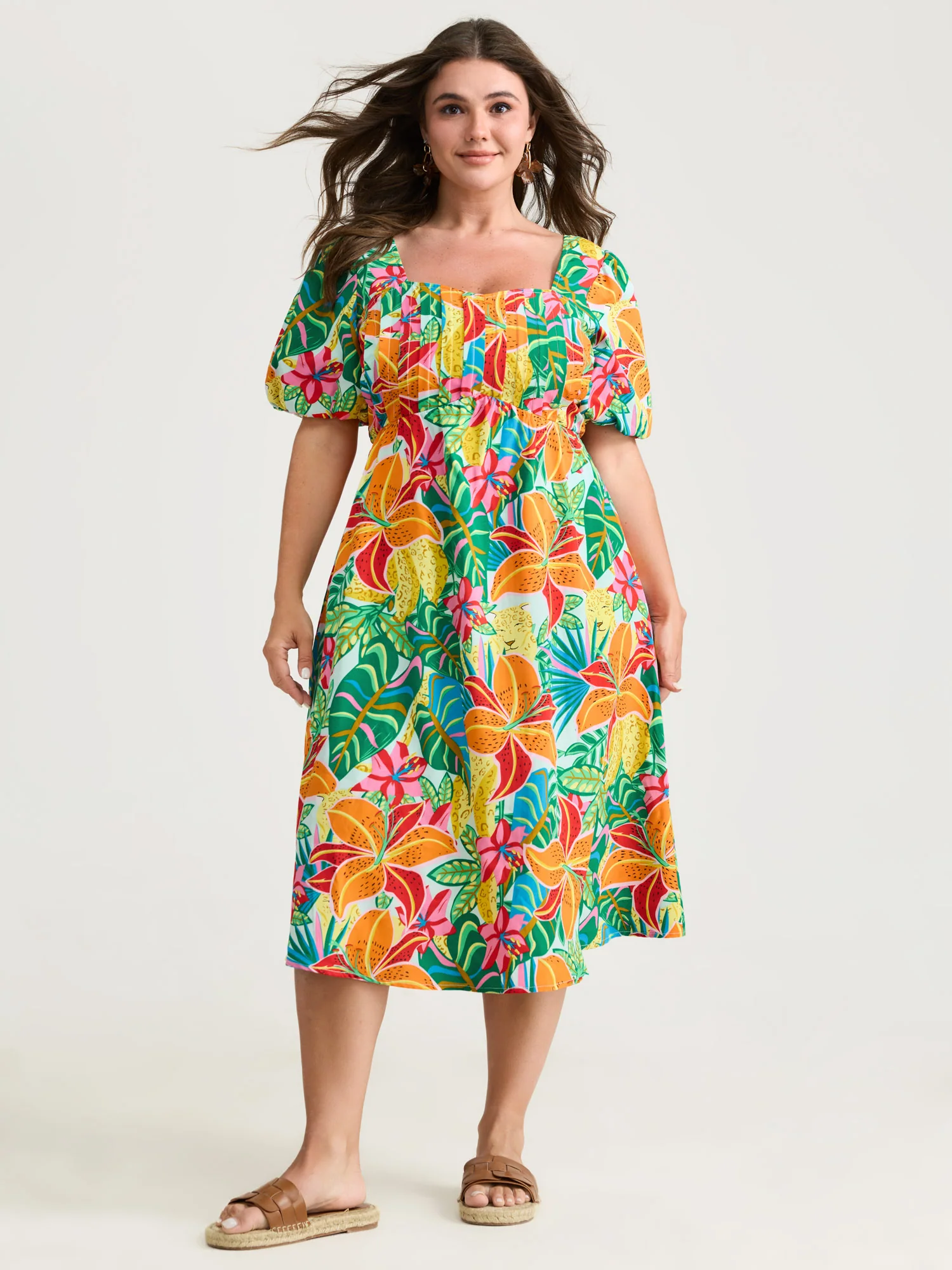 Bright Floral Print Pleated Bodice Midi Dress - Image 3