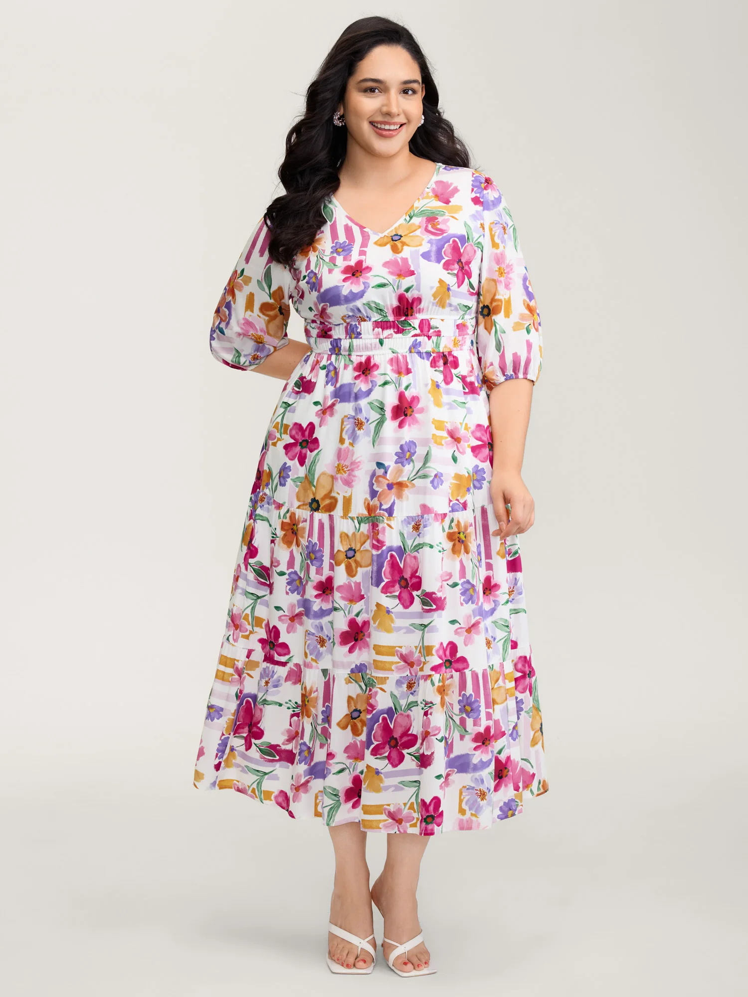 Bright Floral Print Pleated Waist Maxi Dress - Image 3