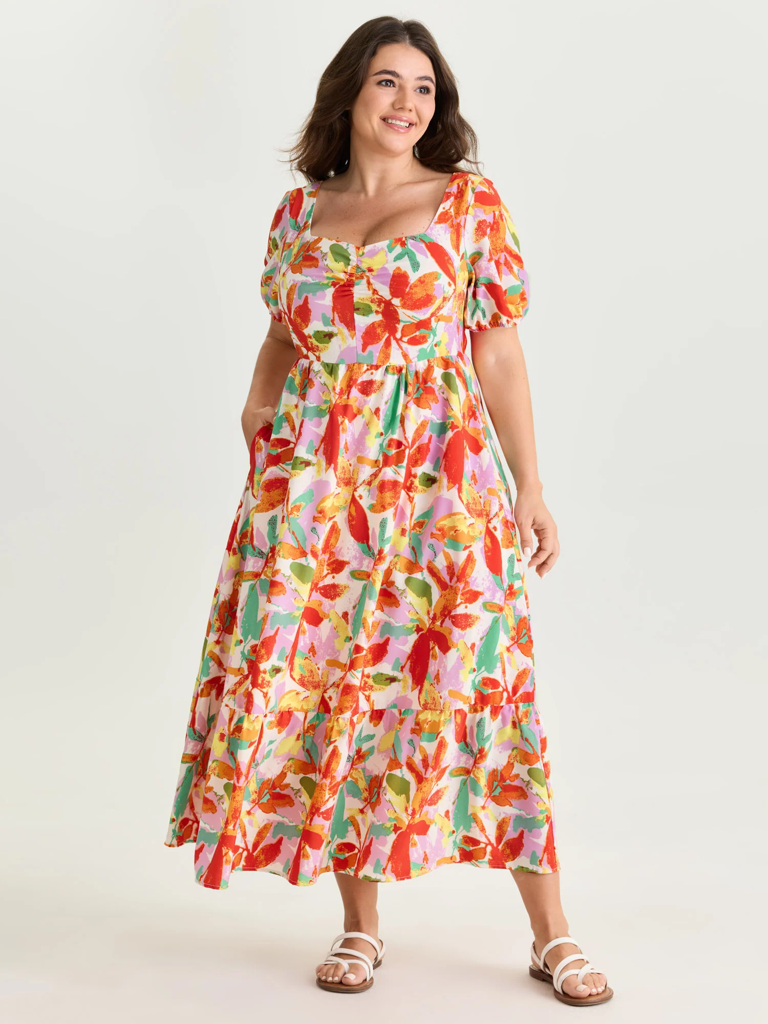 Bright Floral Print Ruched Bodice Midi Dress - Image 3