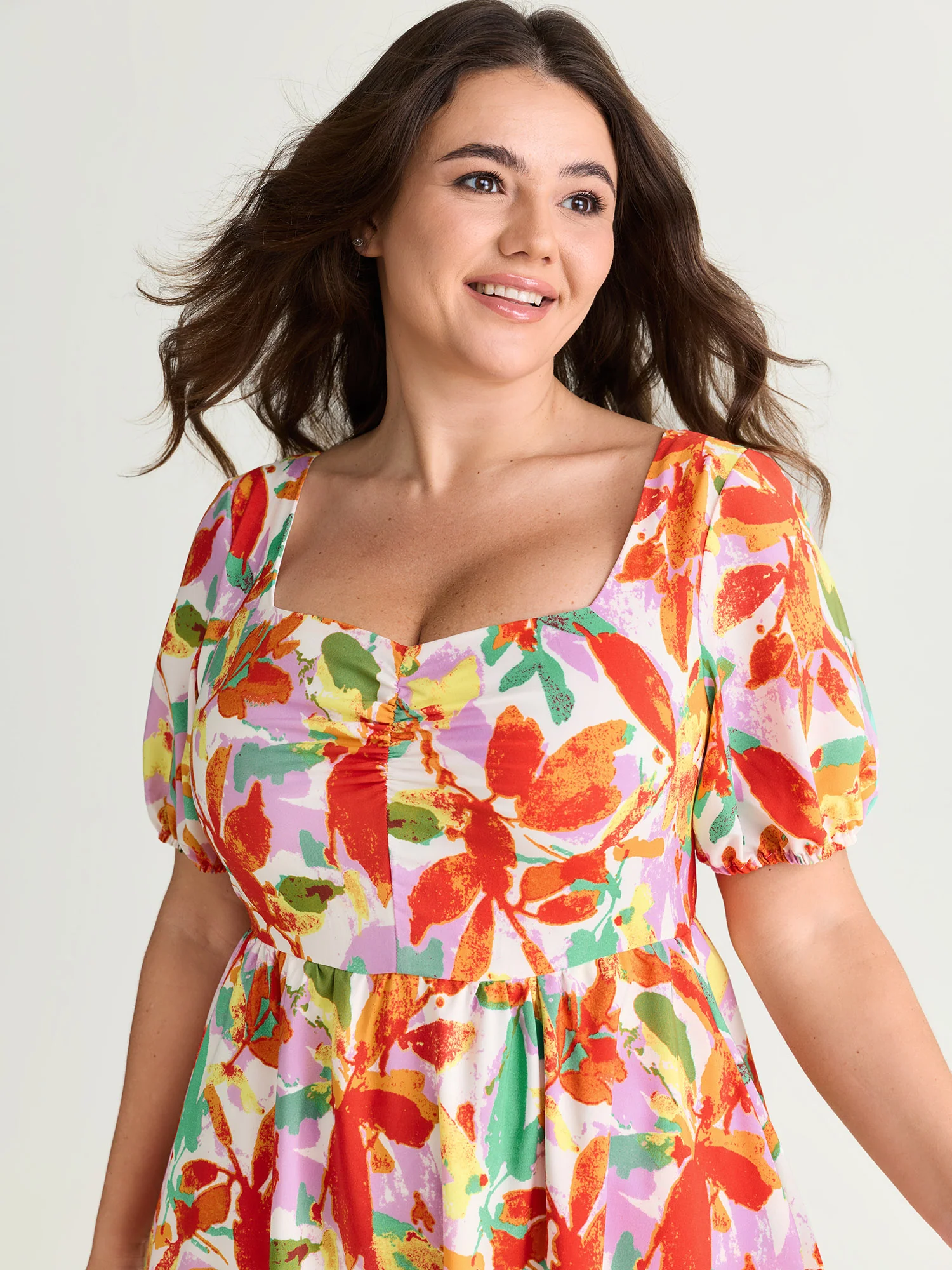 Bright Floral Print Ruched Bodice Midi Dress - Image 4