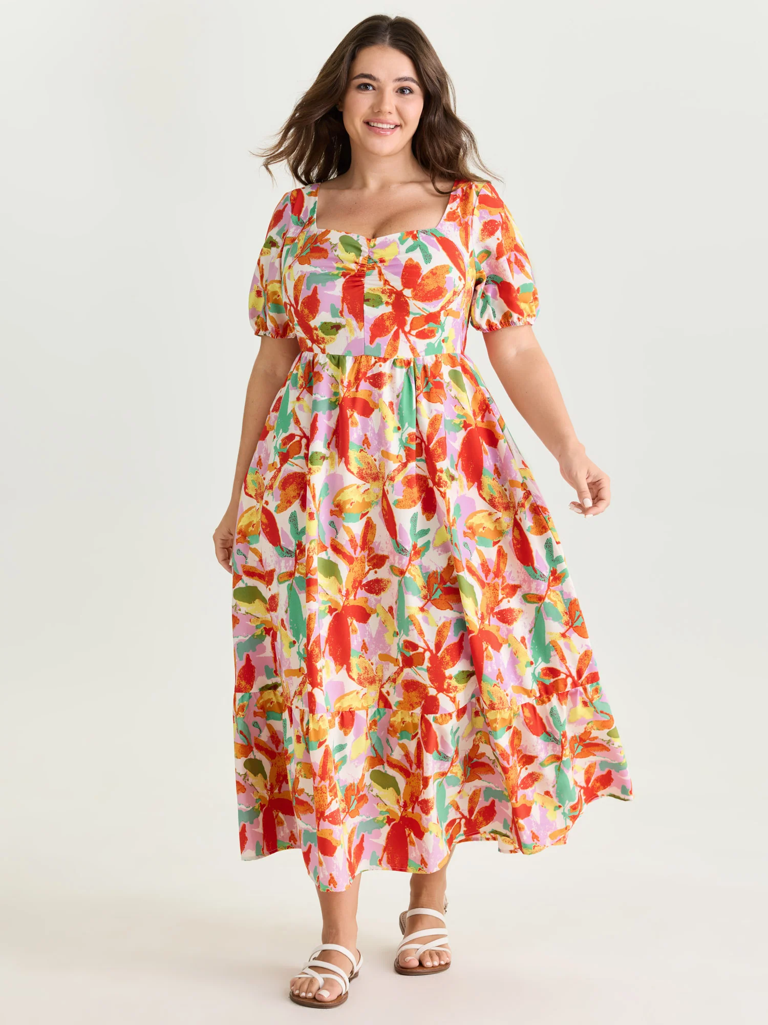 Bright Floral Print Ruched Bodice Midi Dress - Image 5