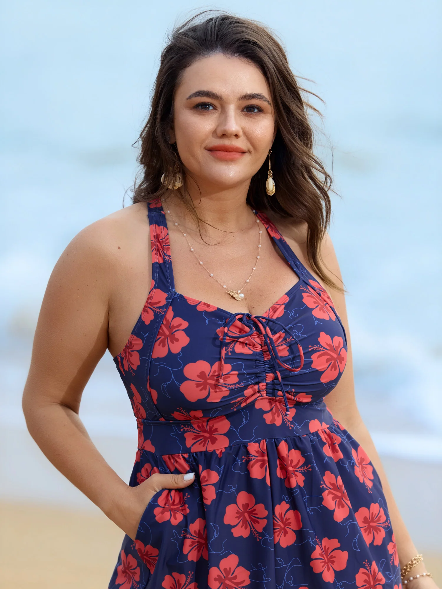 Bright Floral Print Shirred Pockets One Piece Swimsuit - Image 2
