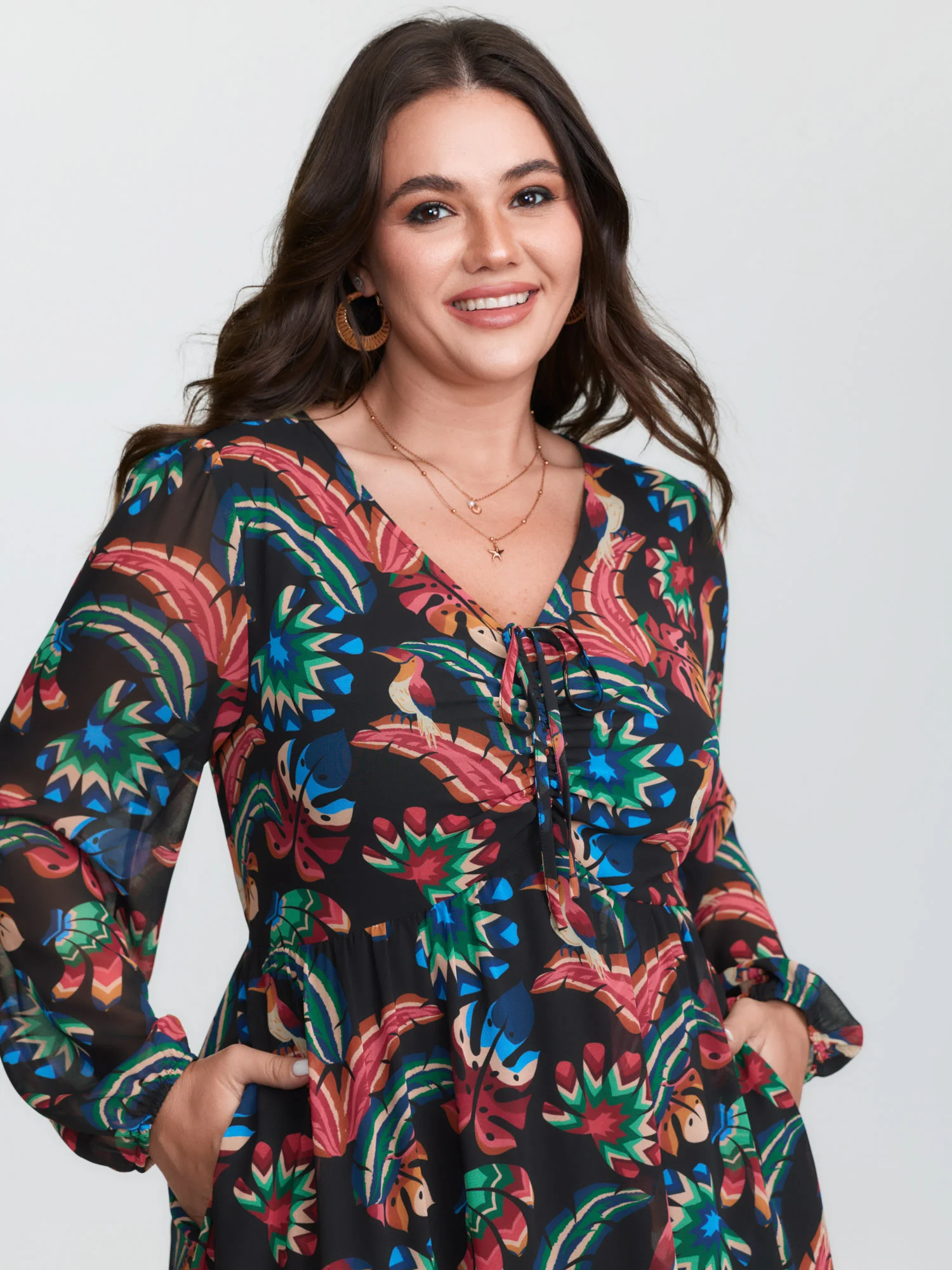 Bright Tropical Floral Print Drawstring Maxi Dress - Image 2