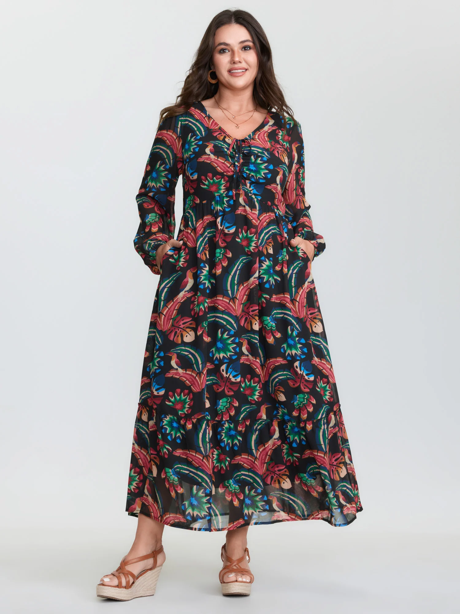 Bright Tropical Floral Print Drawstring Maxi Dress - Image 3