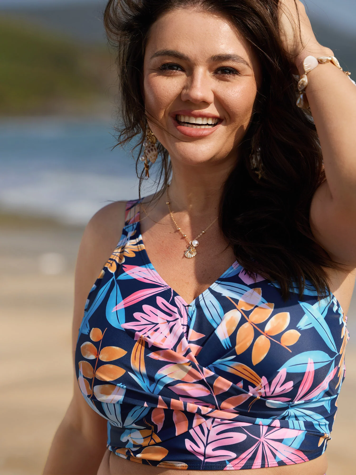 Bright Tropical Floral Print Tummy-Control Bikini Top - Image 3