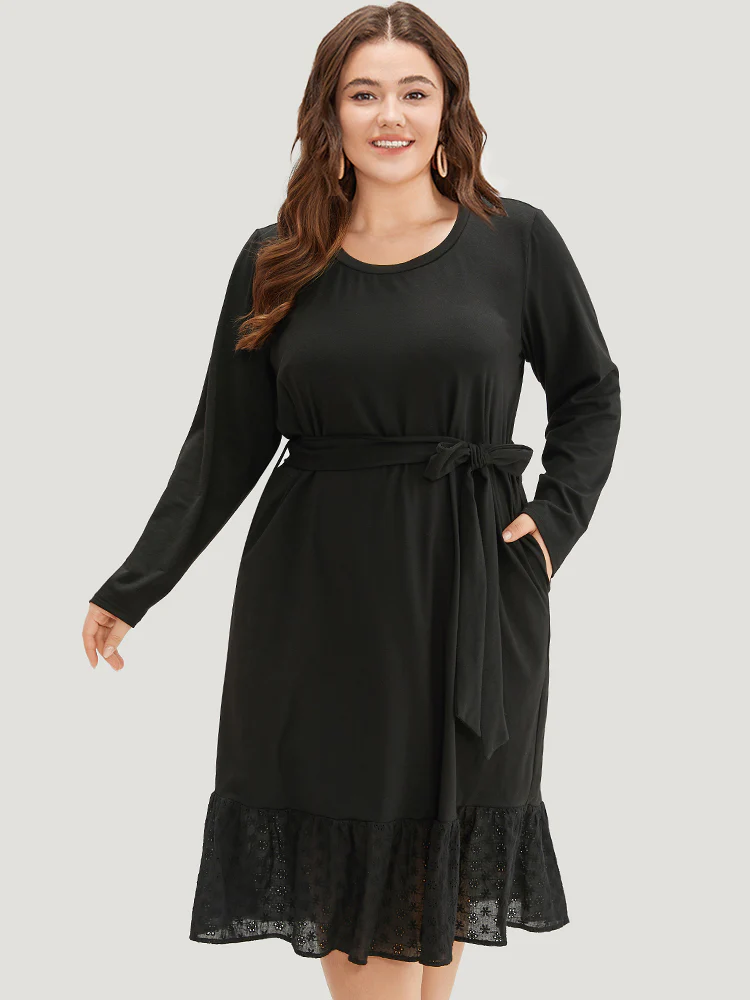 Broderie Anglaise Round Neck Belted Flutter Hem Dress - Image 2