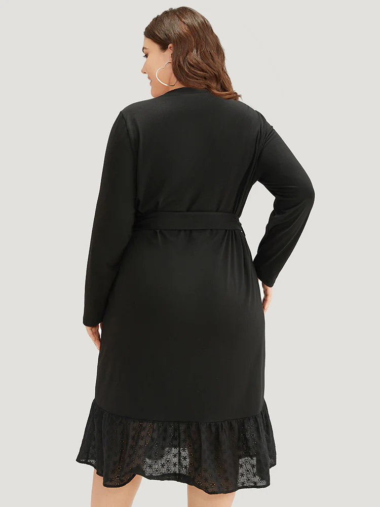 Broderie Anglaise Round Neck Belted Flutter Hem Dress - Image 3