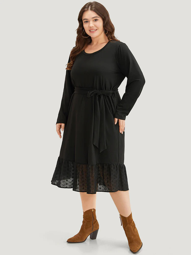 Broderie Anglaise Round Neck Belted Flutter Hem Dress - Image 4