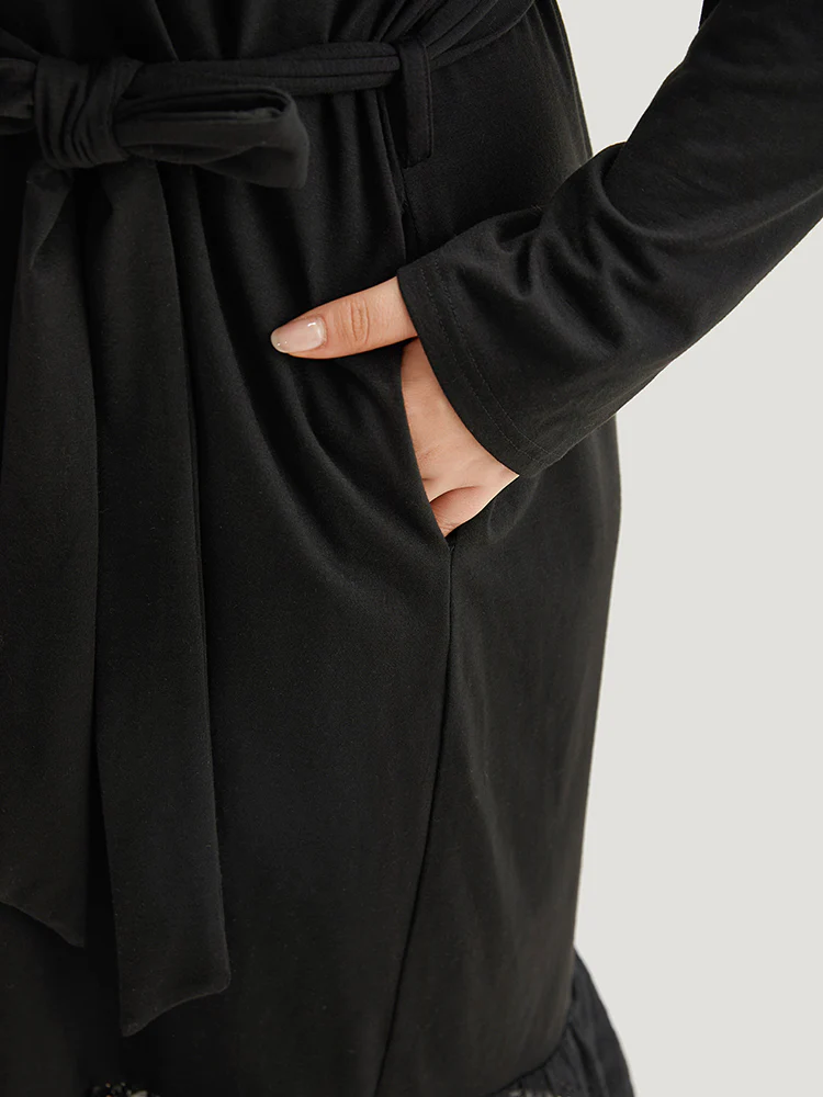 Broderie Anglaise Round Neck Belted Flutter Hem Dress - Image 7
