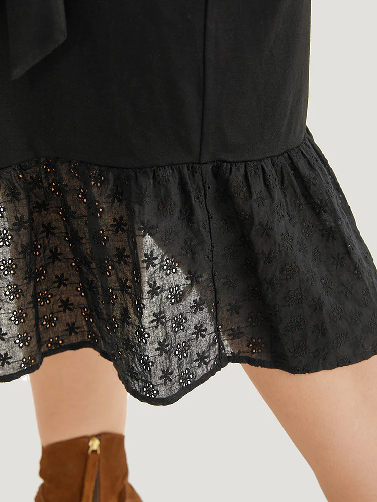 Broderie Anglaise Round Neck Belted Flutter Hem Dress - Image 8