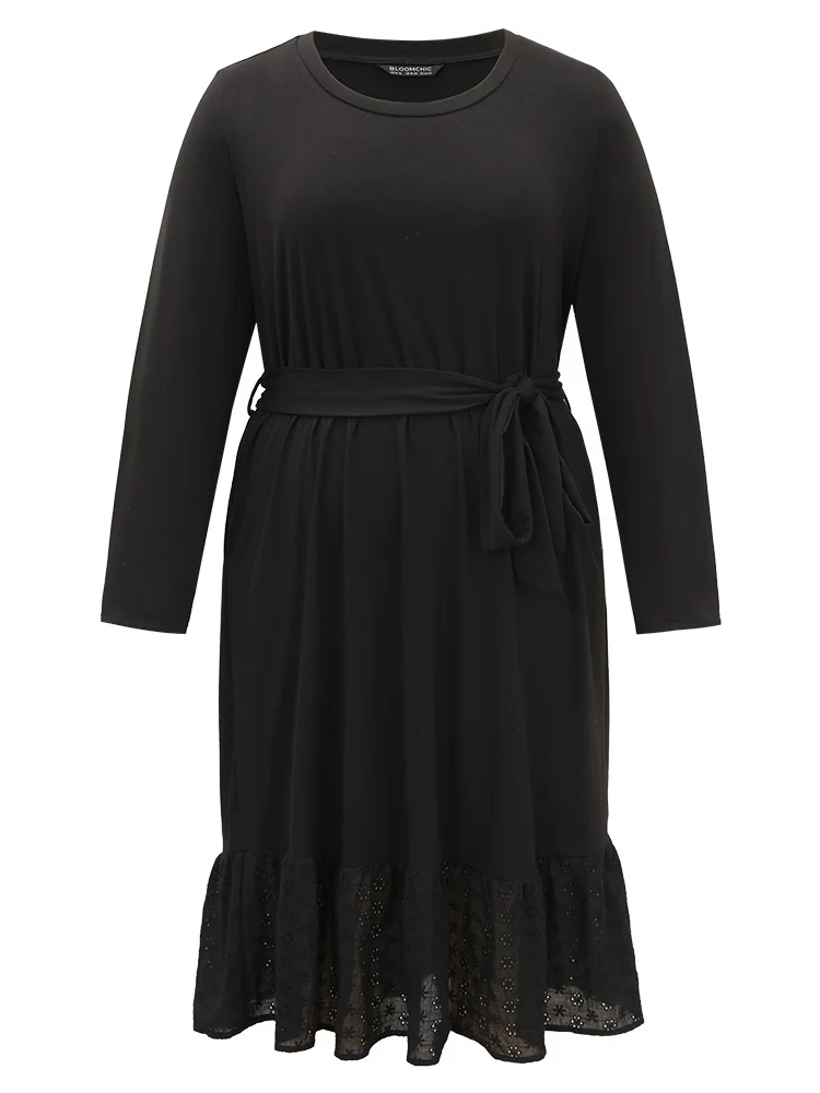Broderie Anglaise Round Neck Belted Flutter Hem Dress - Image 9