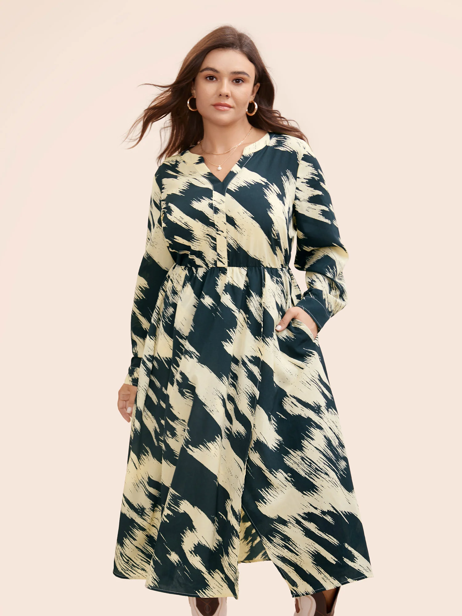 Brush Print Notched Collar Midi Dress - Image 2