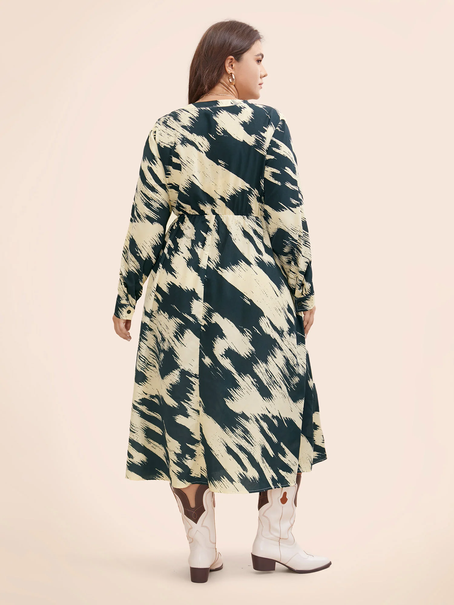 Brush Print Notched Collar Midi Dress - Image 4