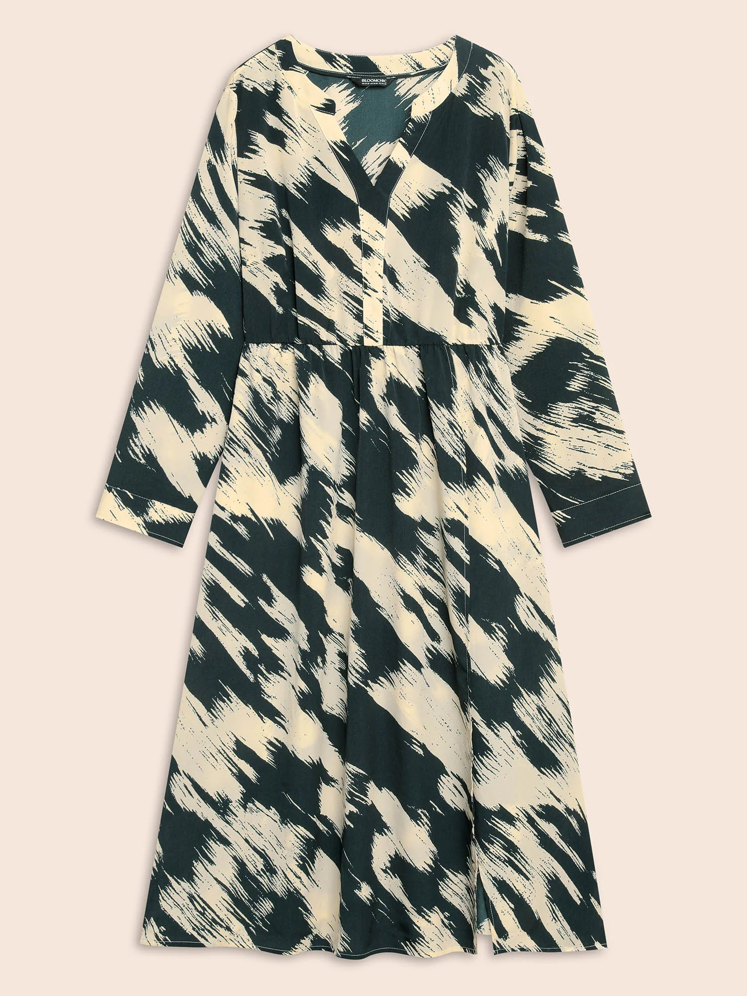 Brush Print Notched Collar Midi Dress - Image 7