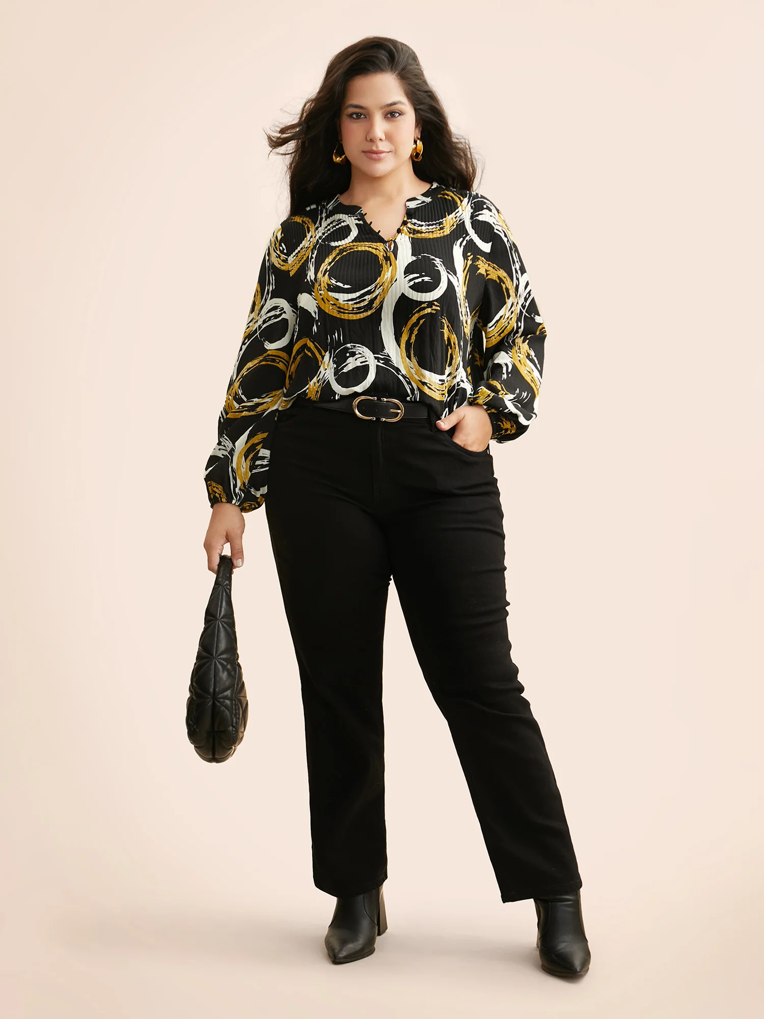 Brush Print Pleated Lantern Sleeve Blouse - Image 2
