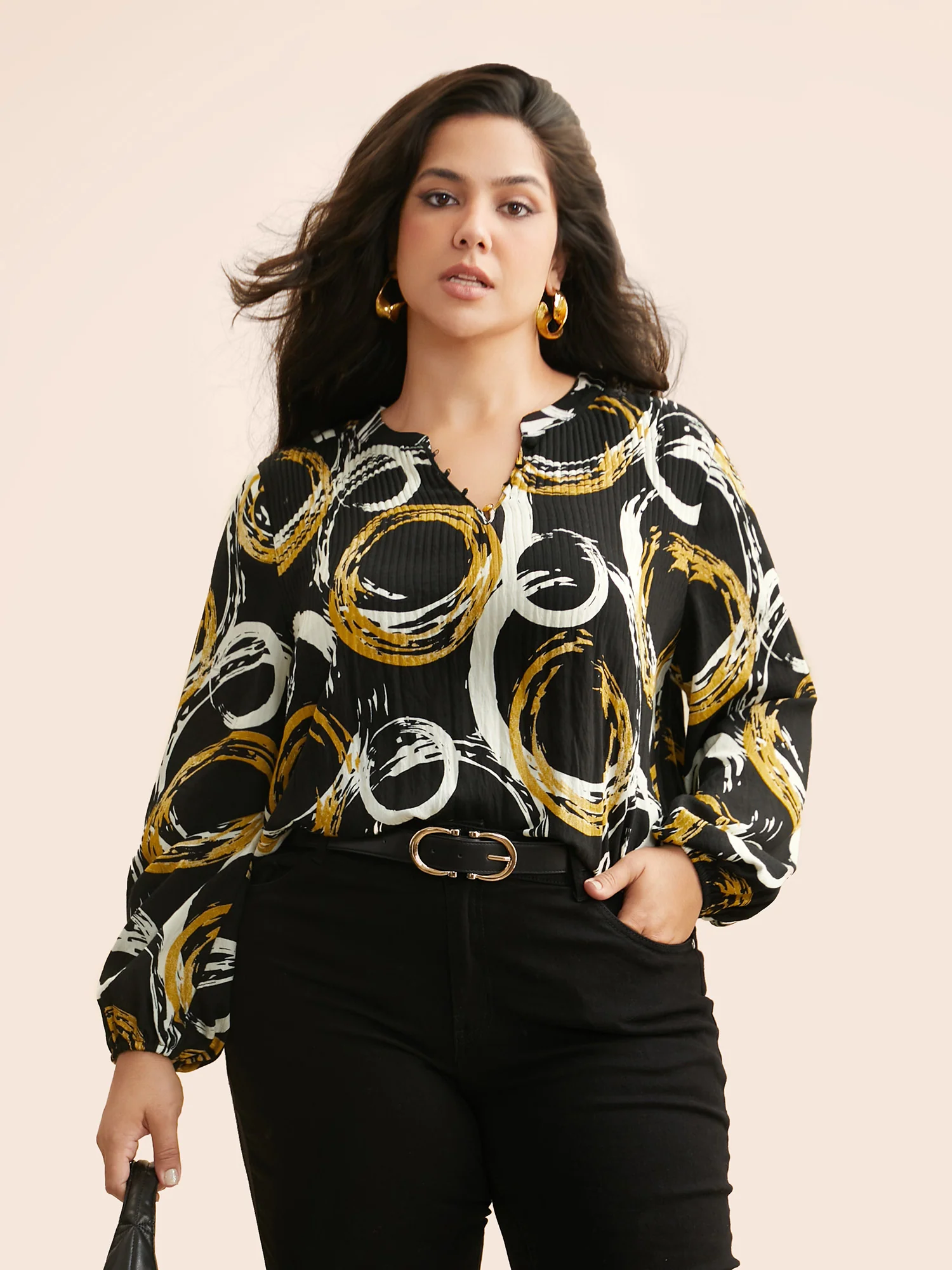 Brush Print Pleated Lantern Sleeve Blouse - Image 3
