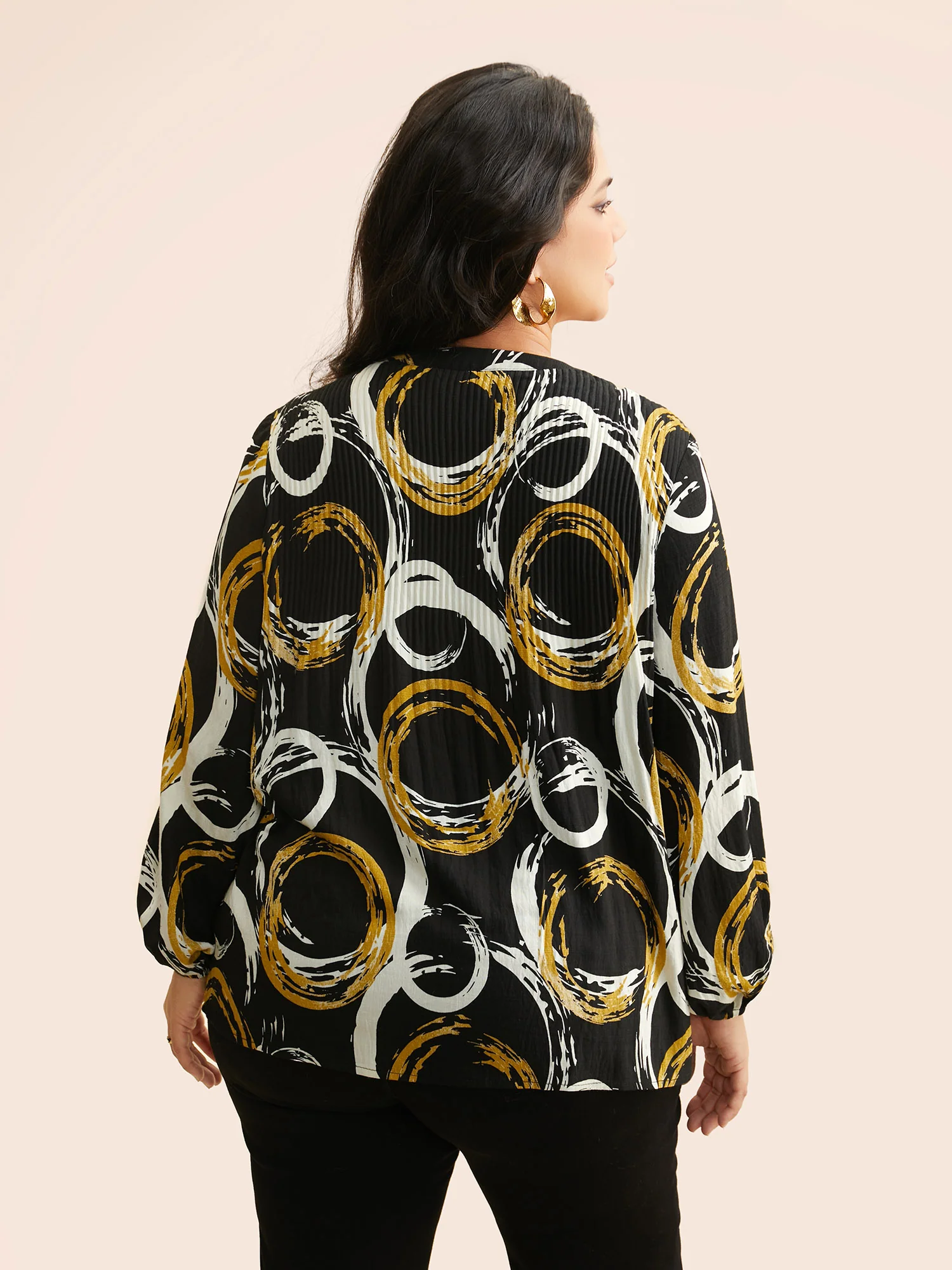 Brush Print Pleated Lantern Sleeve Blouse - Image 4