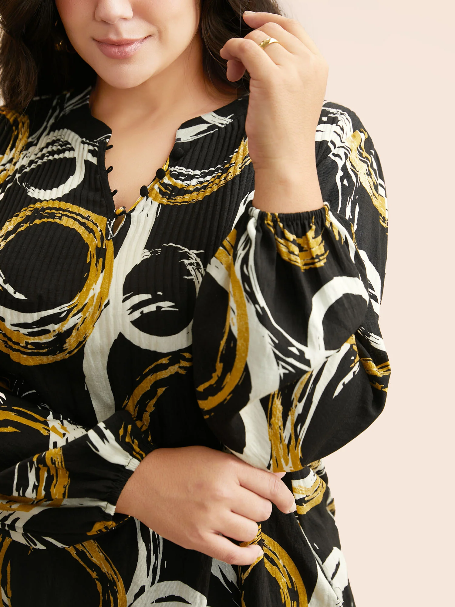 Brush Print Pleated Lantern Sleeve Blouse - Image 5