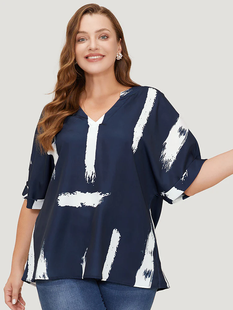 Brush Print Rolll Batwing Sleeve Blouse - Image 3