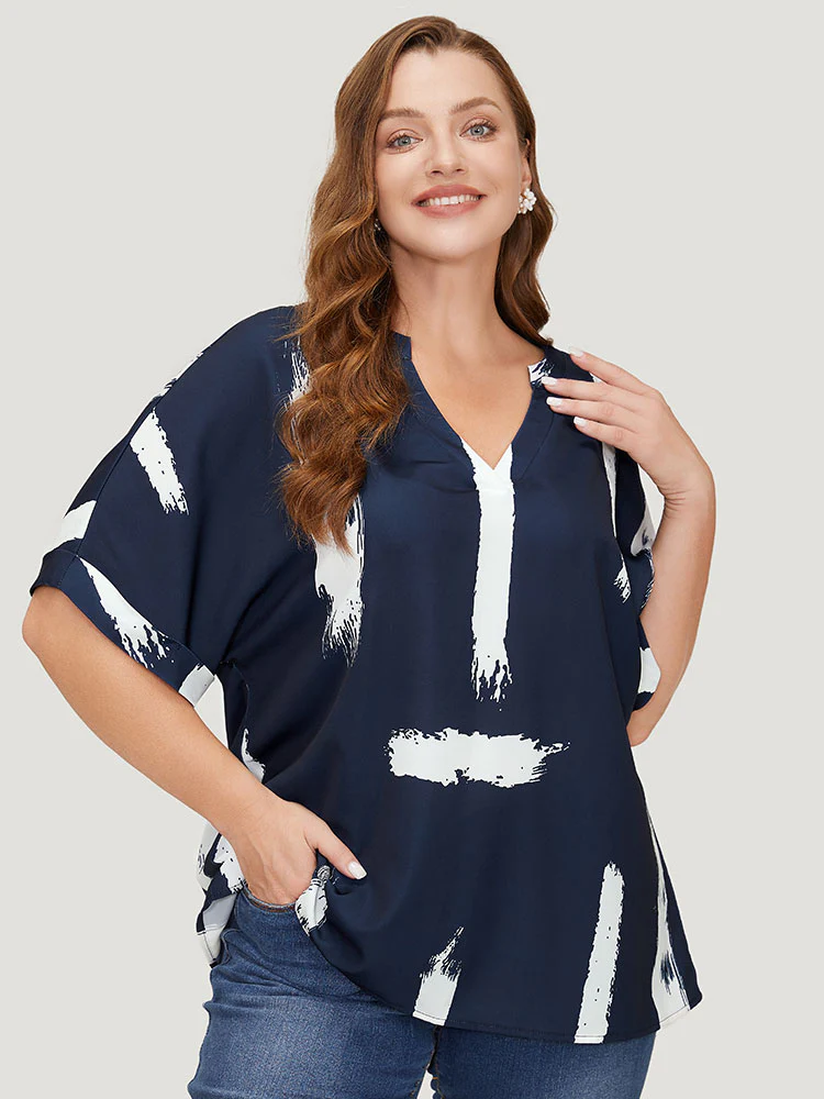 Brush Print Rolll Batwing Sleeve Blouse - Image 4