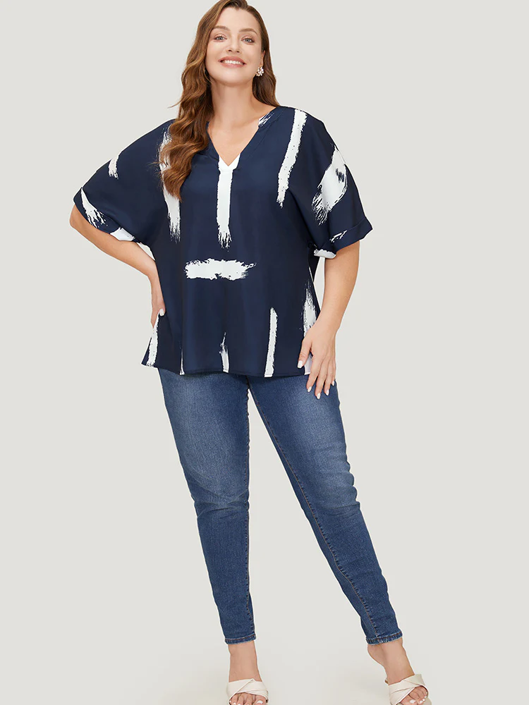 Brush Print Rolll Batwing Sleeve Blouse - Image 6
