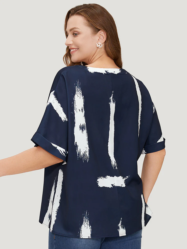 Brush Print Rolll Batwing Sleeve Blouse - Image 7