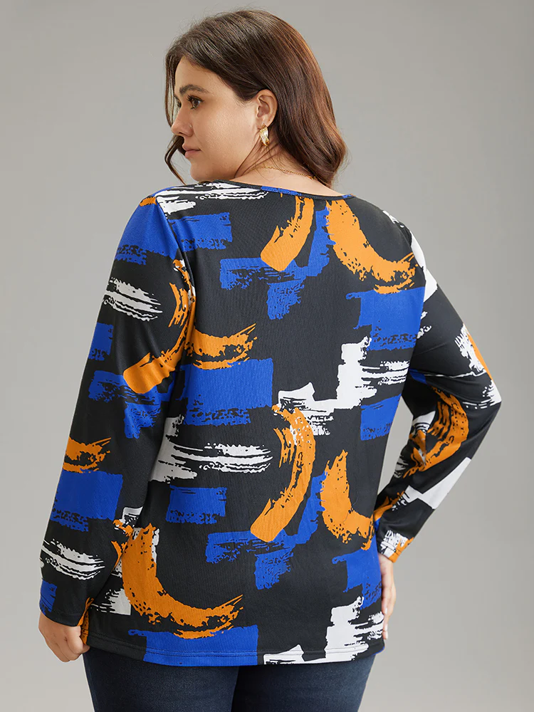 Brush Print Contrast Round Neck T-shirt - Image 2