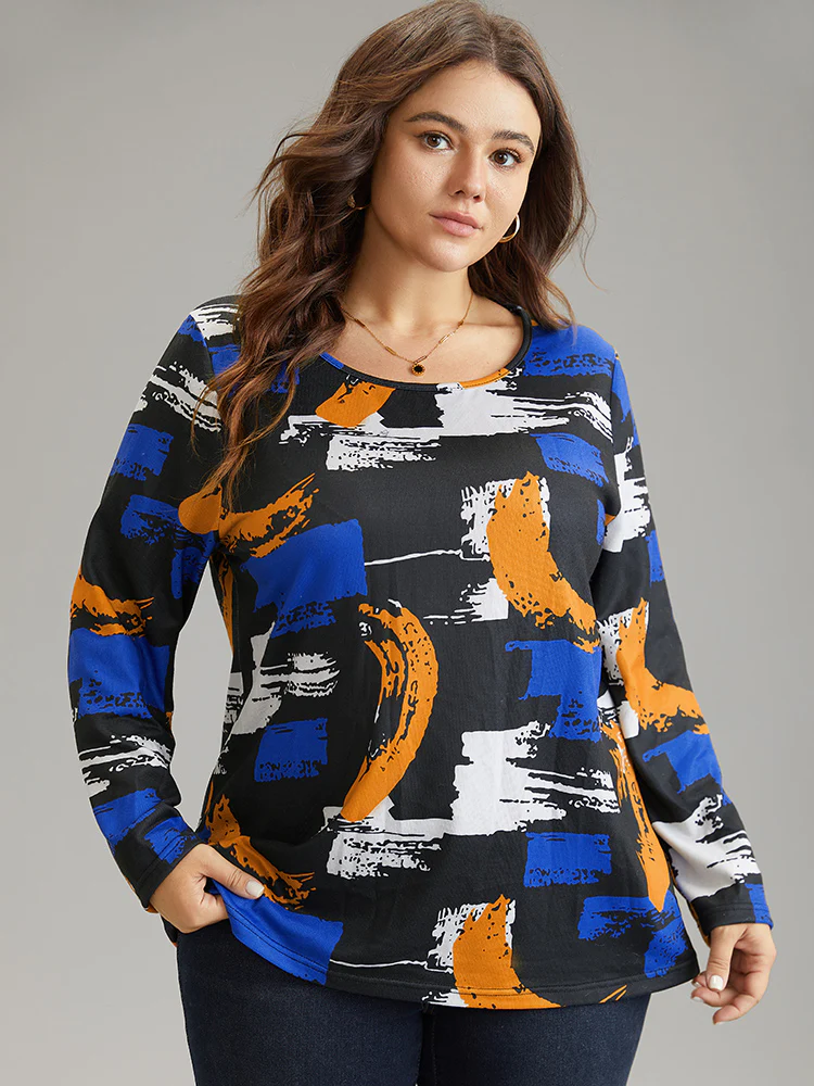 Brush Print Contrast Round Neck T-shirt - Image 3