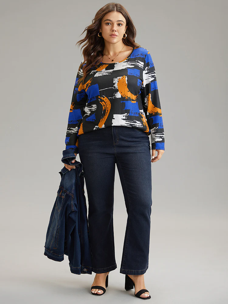 Brush Print Contrast Round Neck T-shirt - Image 5