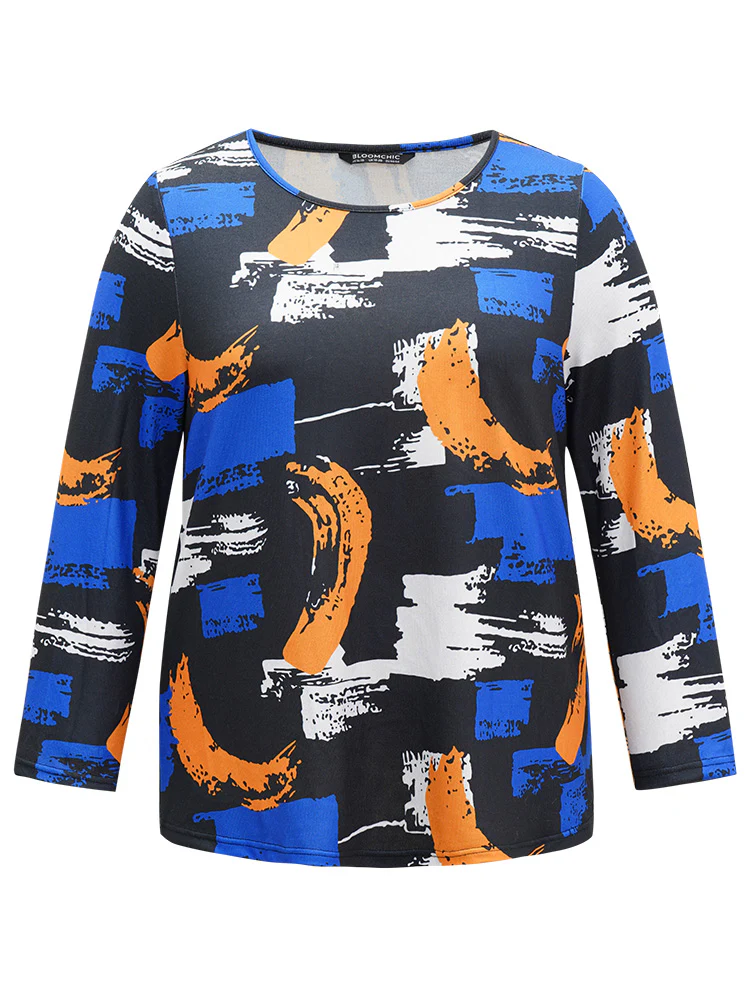 Brush Print Contrast Round Neck T-shirt - Image 6