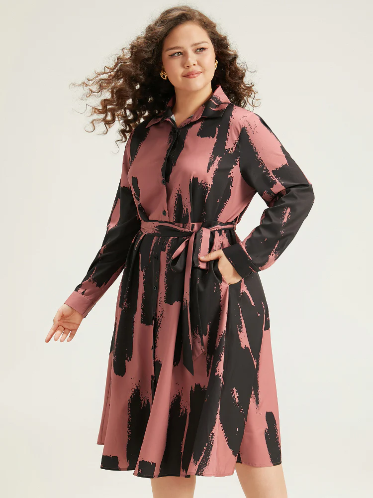 Brush Print Shirt Collar Pocket Belted Dress - Image 2