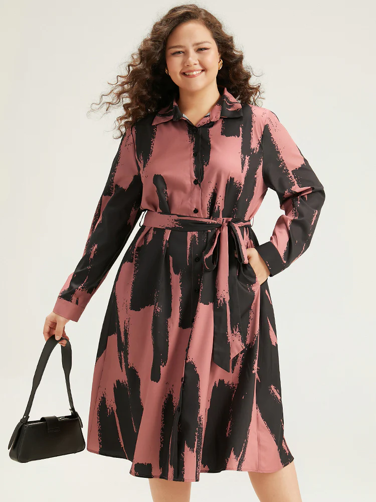 Brush Print Shirt Collar Pocket Belted Dress - Image 3