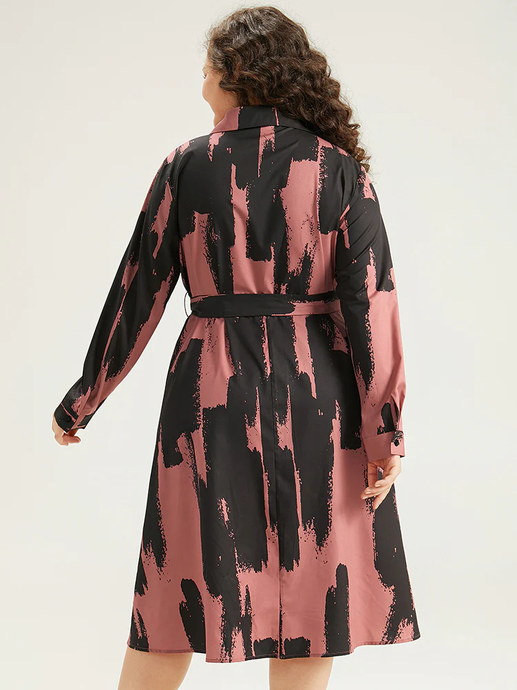 Brush Print Shirt Collar Pocket Belted Dress - Image 4