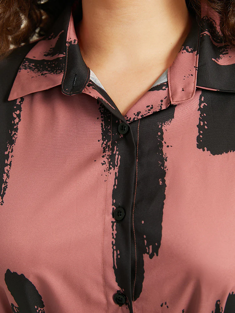 Brush Print Shirt Collar Pocket Belted Dress - Image 5